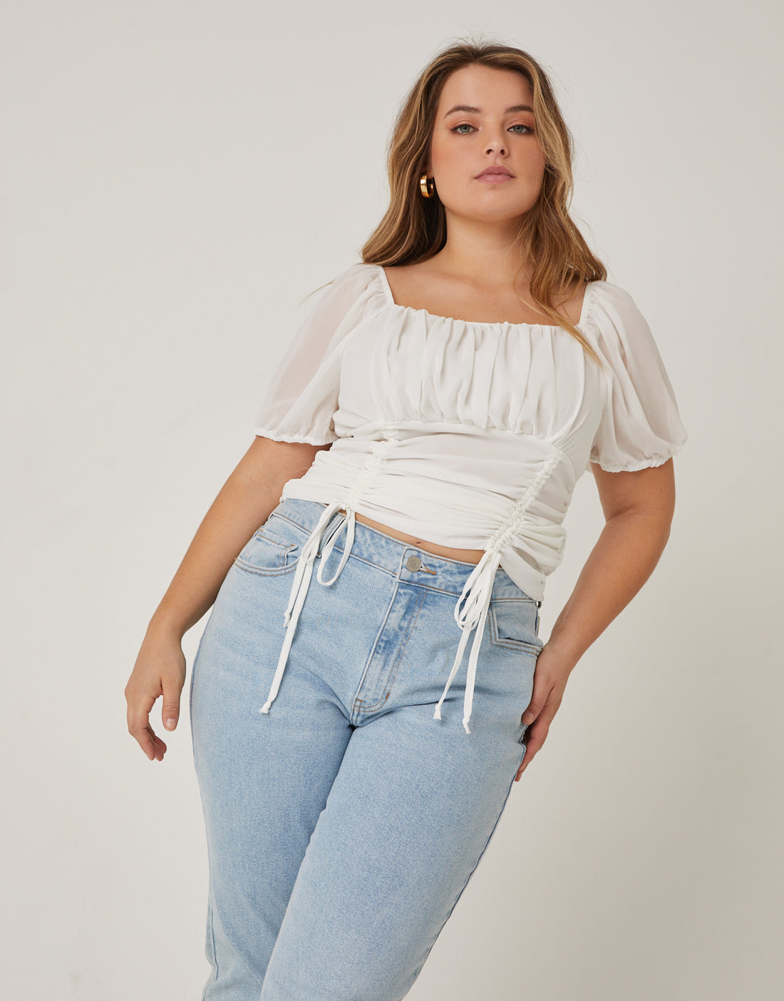Curve Double Ruched Chiffon Top Plus Size Tops Off White 1XL -2020AVE