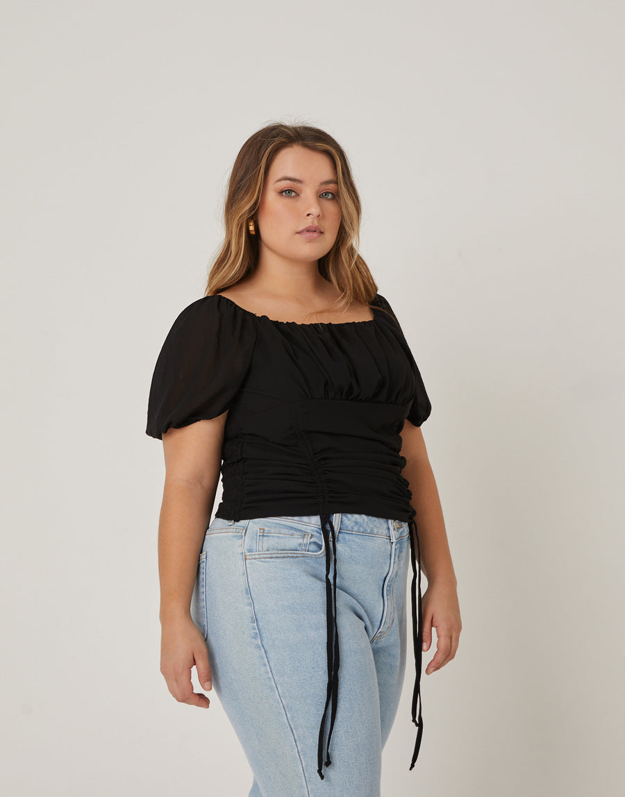 Curve Double Ruched Chiffon Top Plus Size Tops Black 1XL -2020AVE