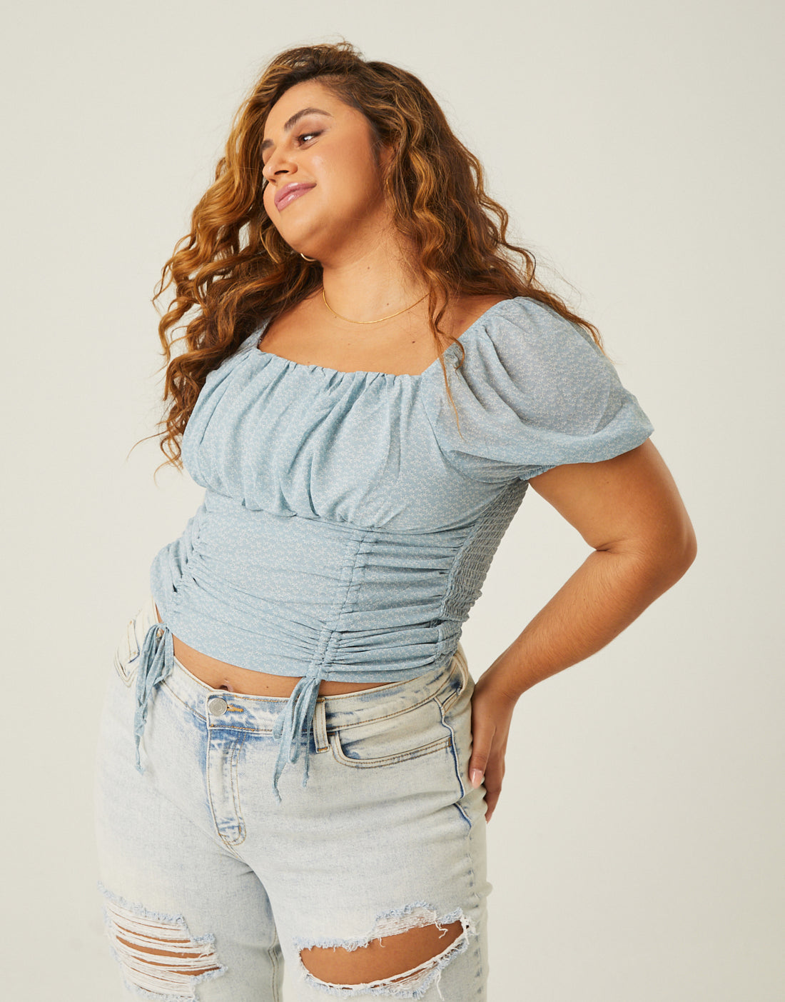 Curve Double Ruched Floral Top Plus Size Tops -2020AVE