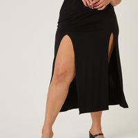 Curve Double Slit Midi Skirt Plus Size Bottoms -2020AVE