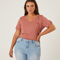 Curve Drapey V-Neck Pocket Tee Plus Size Tops Clay 1XL -2020AVE