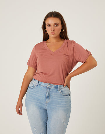 Curve Drapey V-Neck Pocket Tee Plus Size Tops Clay 1XL -2020AVE