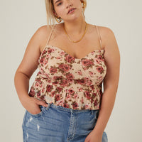 Curve Floral Bustier Cropped Tank Plus Size Tops Ivory 1XL -2020AVE