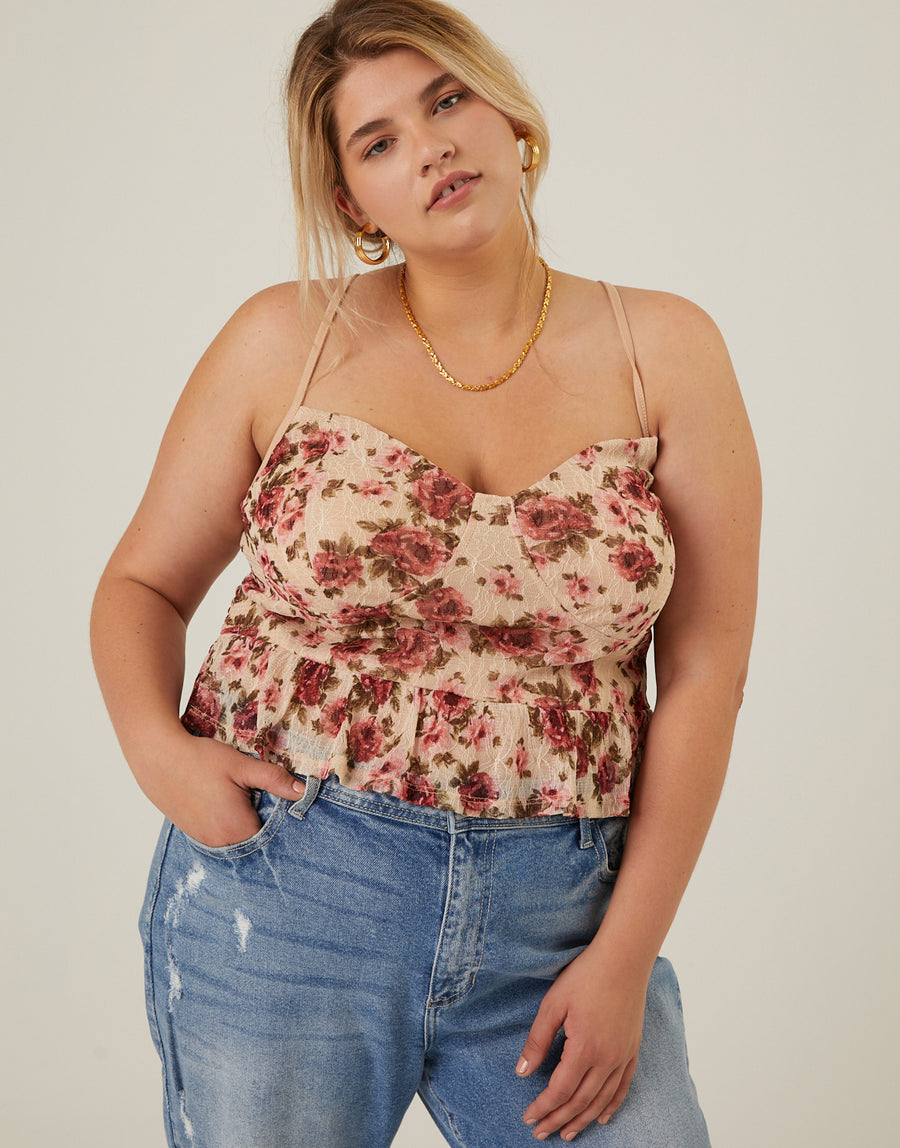 Curve Floral Bustier Cropped Tank Plus Size Tops Ivory 1XL -2020AVE