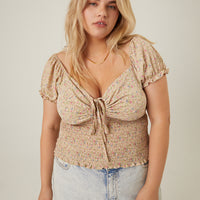 Curve Floral Cut Out Top Plus Size Tops Taupe 1XL -2020AVE