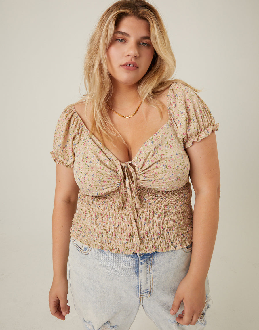 Curve Floral Cut Out Top Plus Size Tops Taupe 1XL -2020AVE