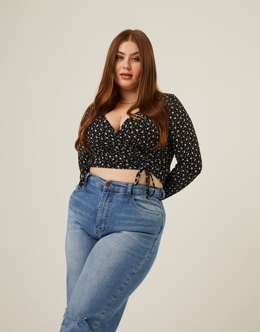 Curve Floral Double Ruching Top Plus Size Tops Black 1XL -2020AVE