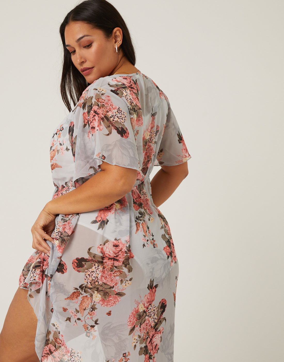 Curve Floral Mesh Kimono Plus Size Outerwear -2020AVE