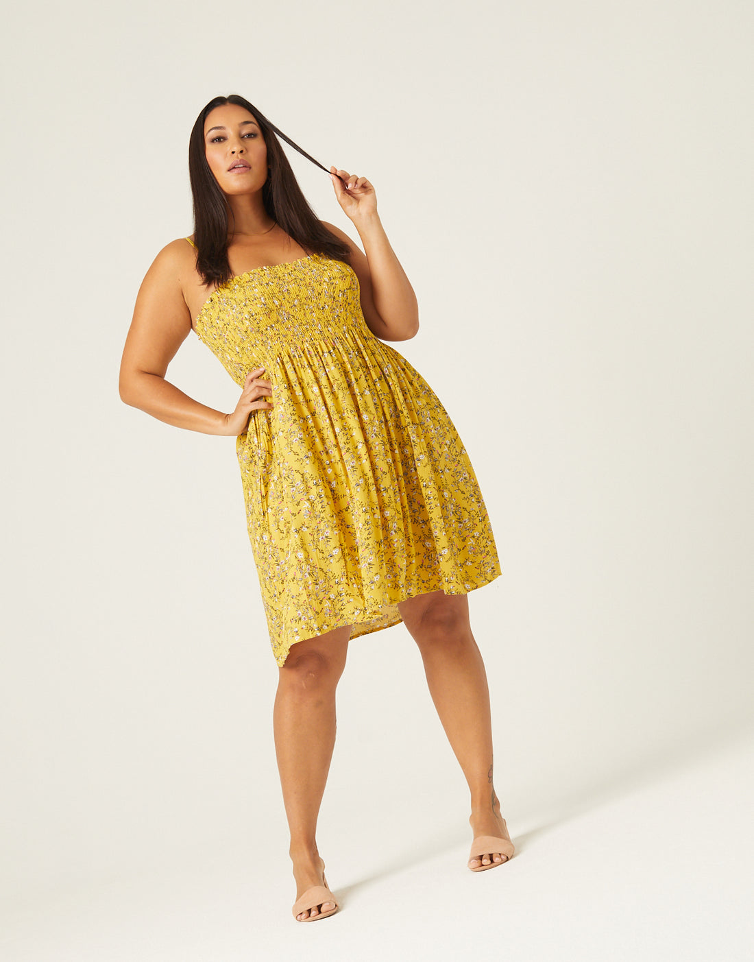 Curve Floral Mini Sundress Plus Size Dresses Yellow 1XL -2020AVE