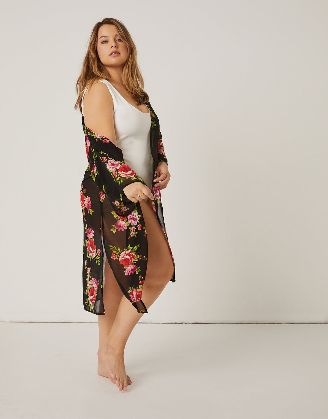 Curve Floral Printed Mesh Cardigan Plus Size Outerwear -2020AVE