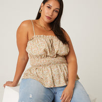 Curve Floral Smocked Tank Plus Size Tops Cream 1XL -2020AVE