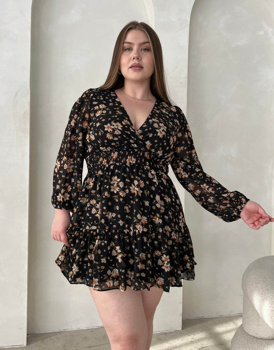 Plus Size Floral Surpliced Long Sleeve Dress 2020AVE Plus Size Floral Surpliced Long Sleeve Dress 2020AVE