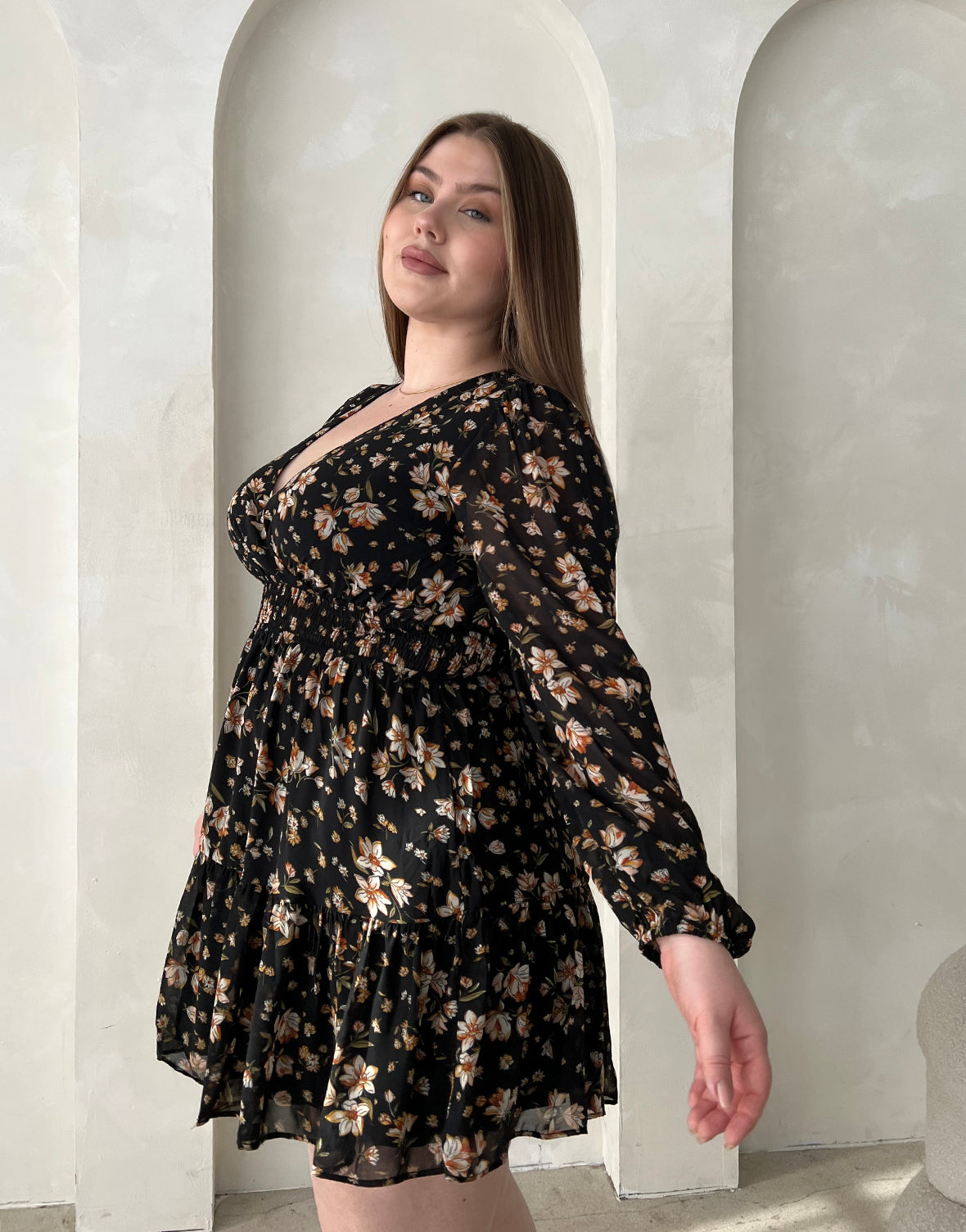 Honey Plus Size Printed Surplice Flounce Sleeve Dress main image 0