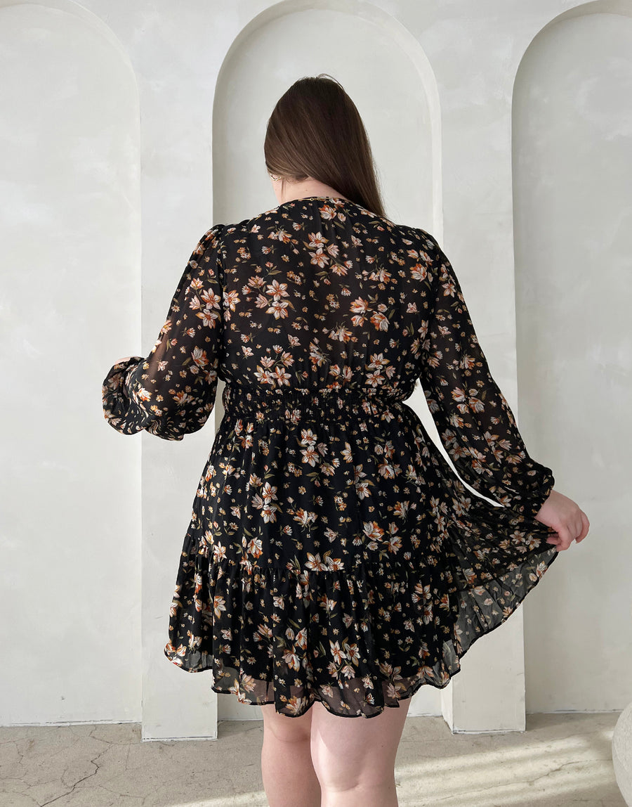 Curve Floral Surpliced Long Sleeve Dress Plus Size Dresses -2020AVE