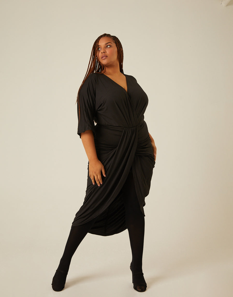Curve Gathered Drapey V Neck Dress Plus Size Dresses Black 1XL -2020AVE