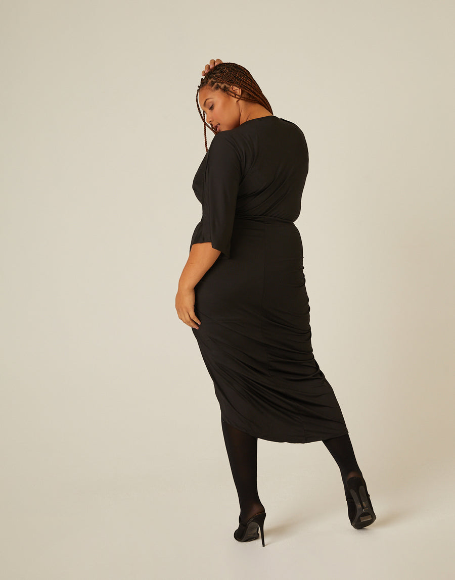 Curve Gathered Drapey V Neck Dress Plus Size Dresses -2020AVE