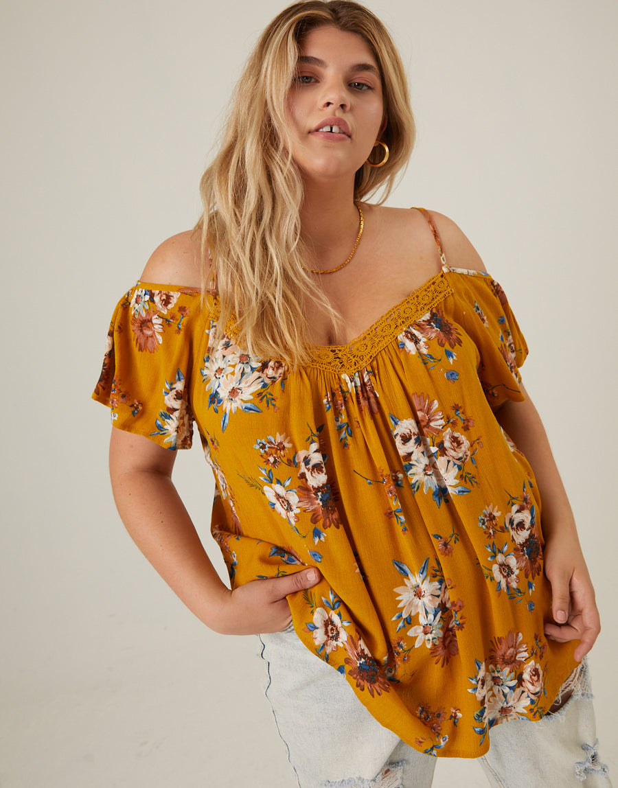 Curve Gauzy Floral Top Plus Size Tops Mustard 1XL -2020AVE