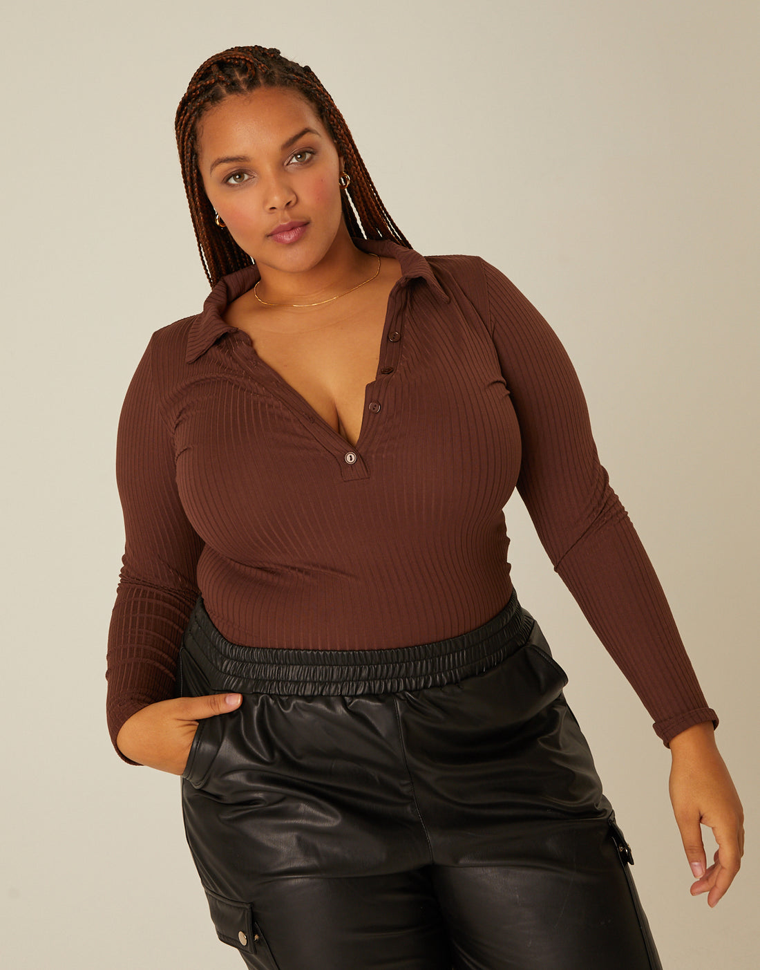 Curve Half Button Long Sleeve Top Plus Size Tops Brown 1XL -2020AVE