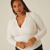 Curve Half Button Long Sleeve Top Plus Size Tops Off White 1XL -2020AVE