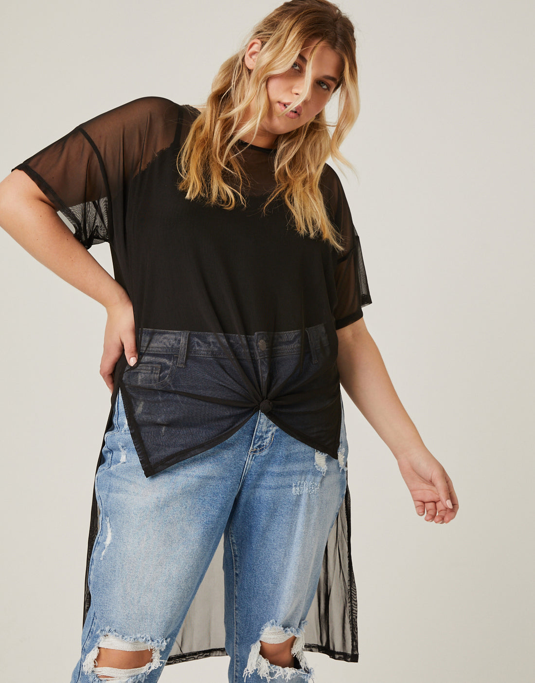 Curve High Low Mesh Tee Plus Size Tops -2020AVE