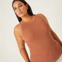 Curve High Neck Rib Knit Tank Plus Size Tops Brown 1XL -2020AVE