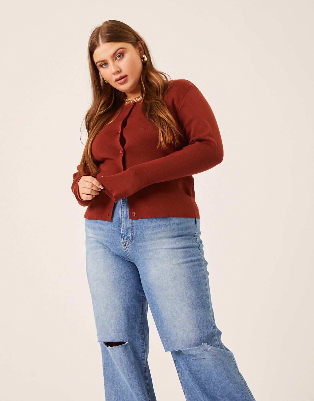 Curve Button Cardigan Knit Top Plus Size Tops Rust 1XL -2020AVE