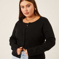 Curve Button Cardigan Knit Top Plus Size Tops Black 1XL -2020AVE
