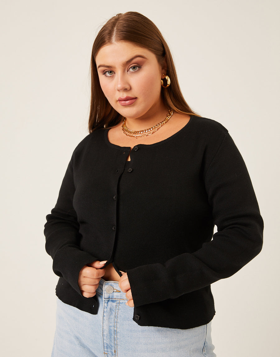 Curve Button Cardigan Knit Top Plus Size Tops Black 1XL -2020AVE