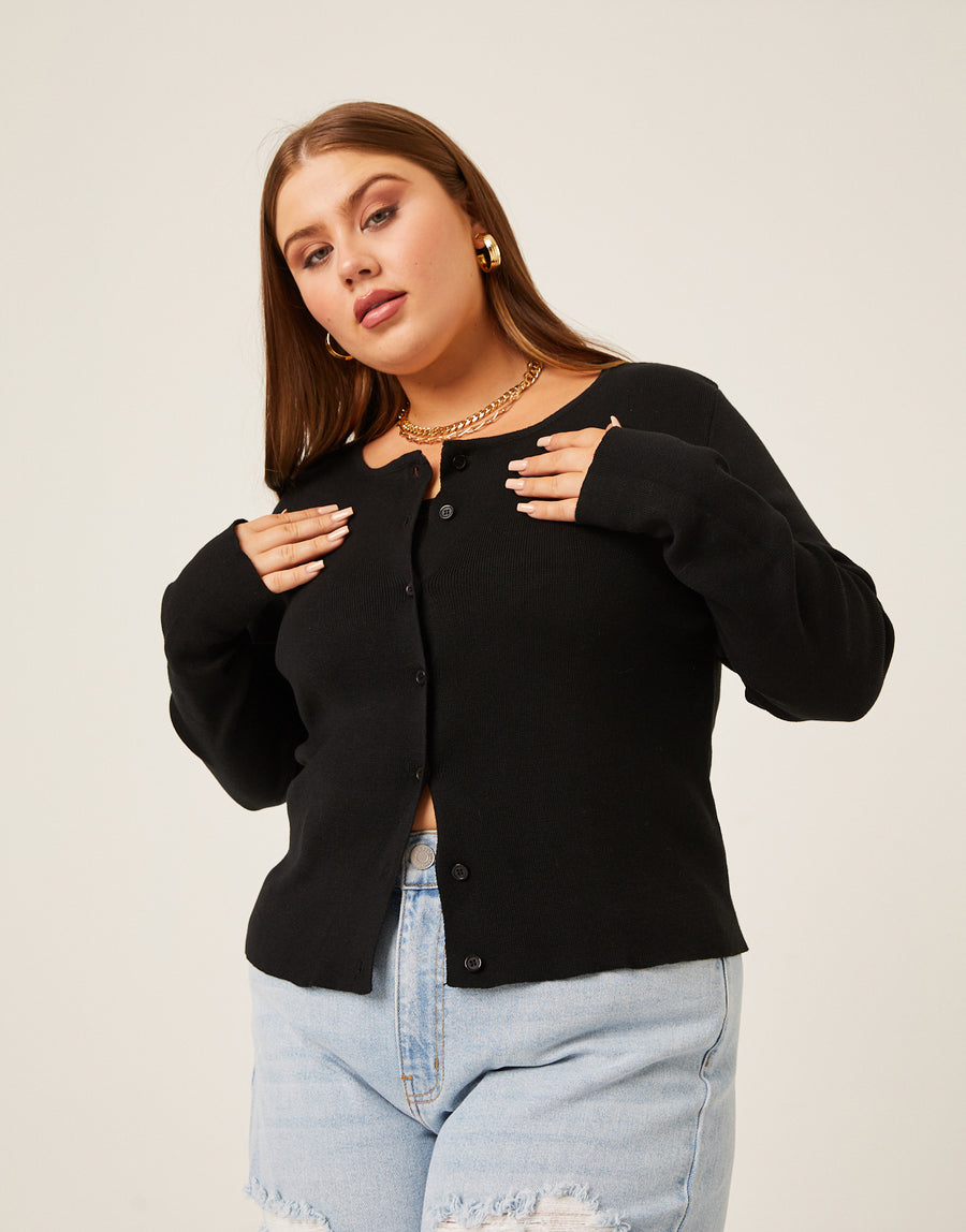 Curve Button Cardigan Knit Top Plus Size Tops -2020AVE