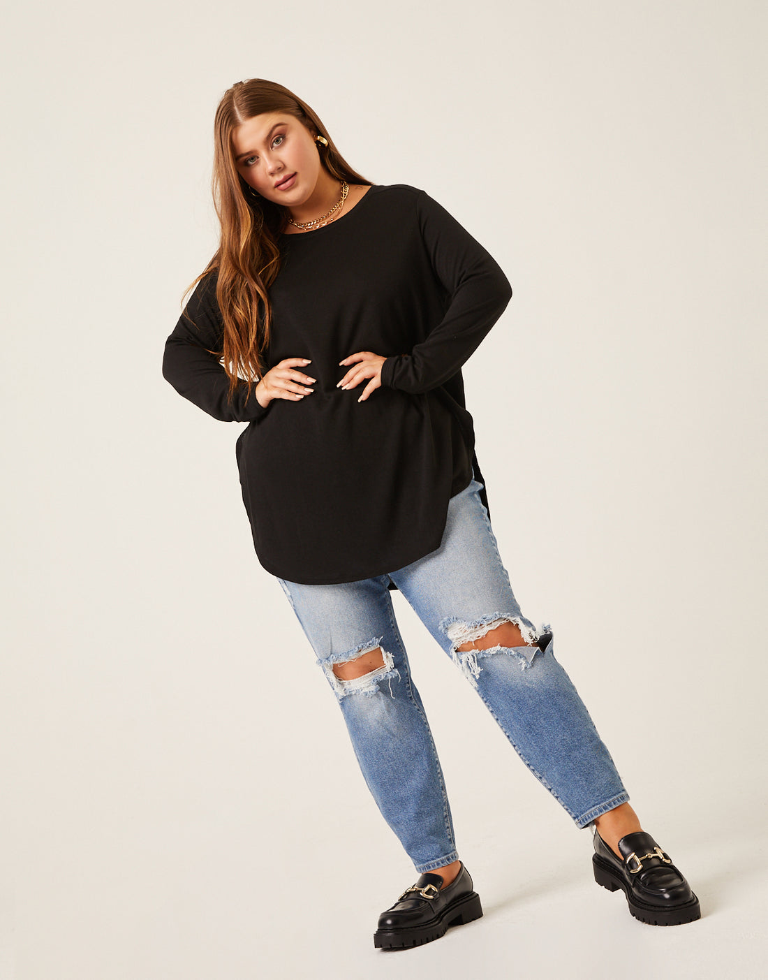 Curve Knit Flowy Long Sleeve Tee Plus Size Tops -2020AVE