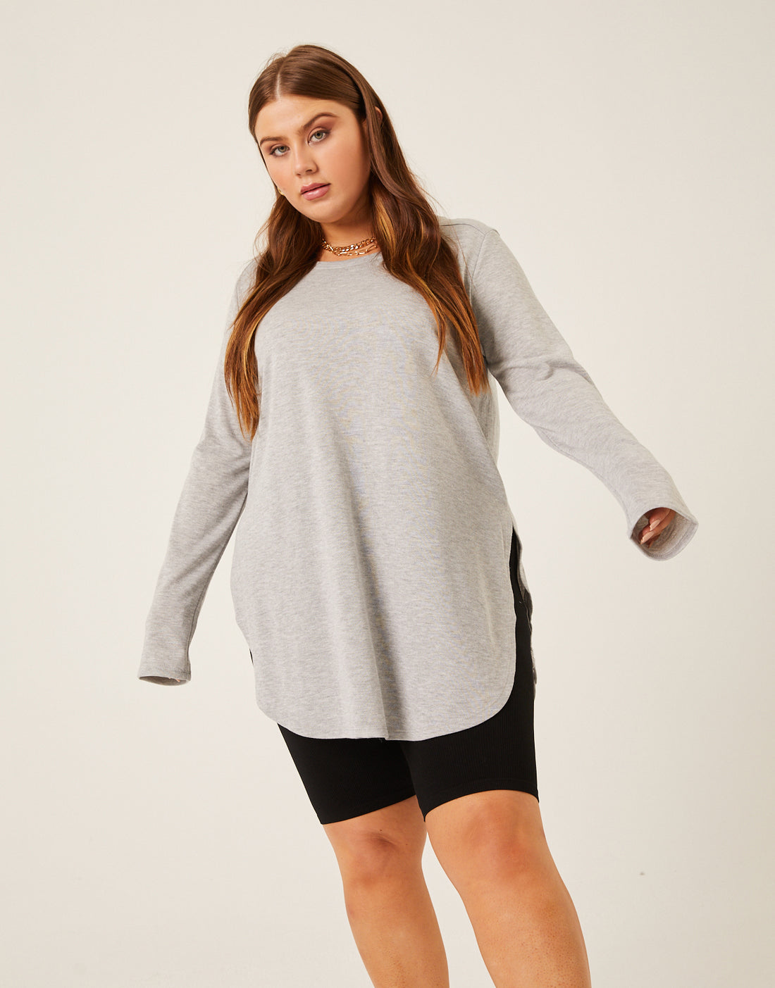 Curve Knit Flowy Long Sleeve Tee Plus Size Tops Gray 1XL -2020AVE