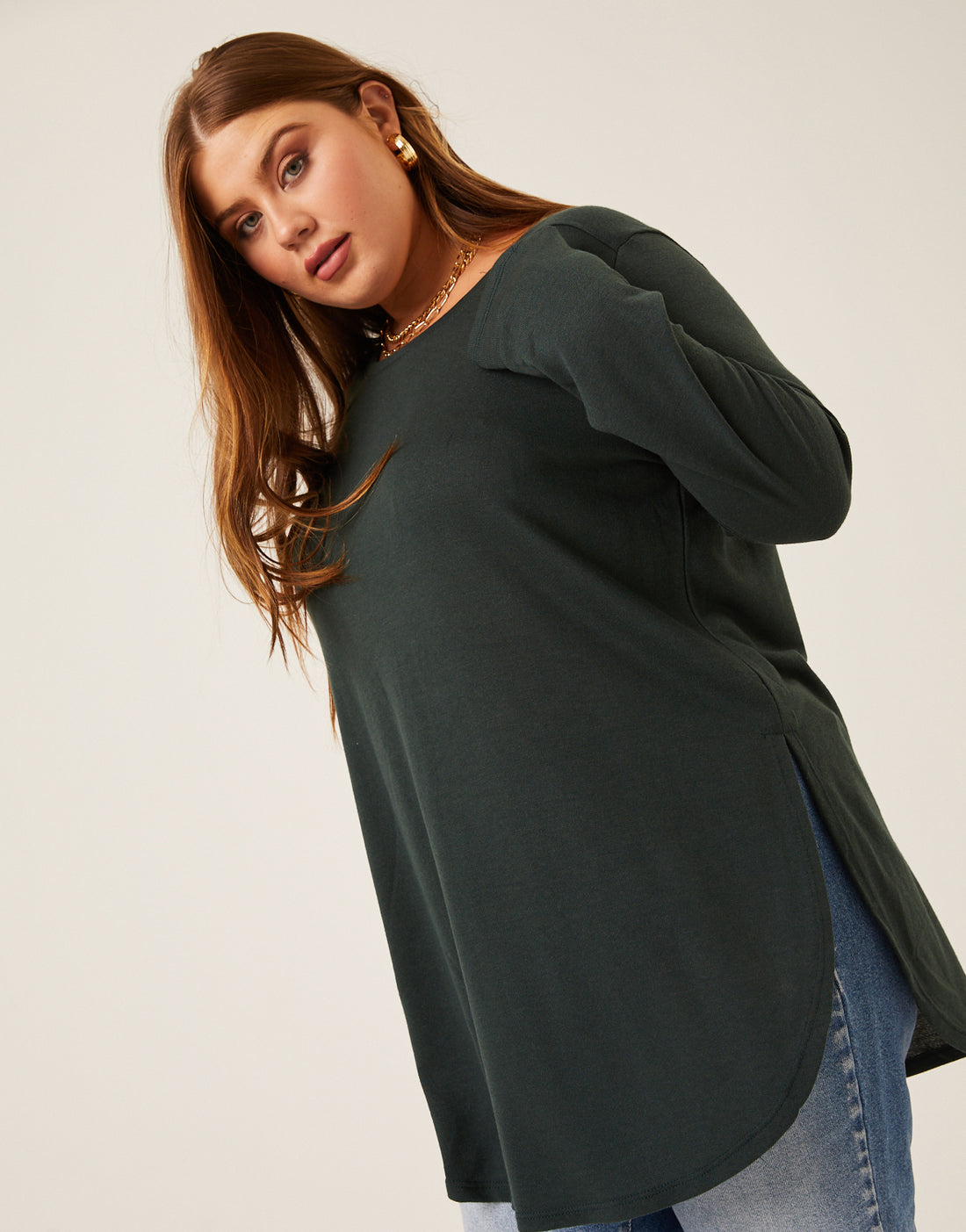 Curve Knit Flowy Long Sleeve Tee Plus Size Tops Green 1XL -2020AVE