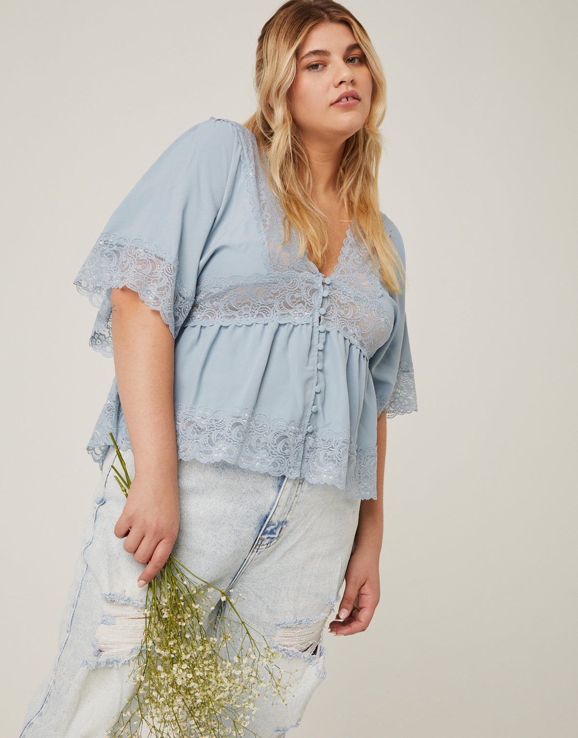 Curve Sunset Lace Trim Blouse