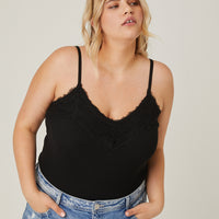 Curve Lace Trim Knit Bodysuit Plus Size Tops Black 1XL -2020AVE