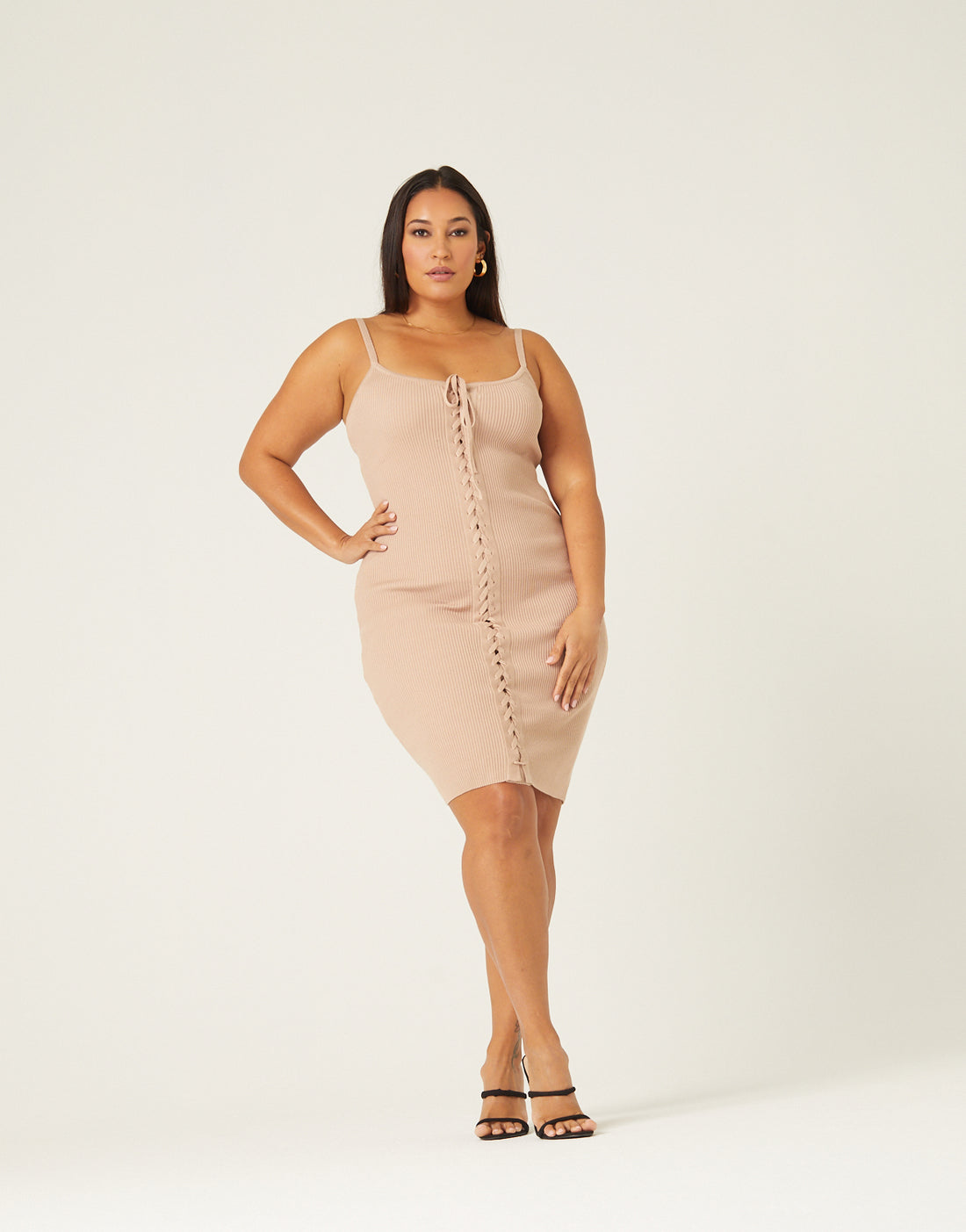 Beige Lace Curve Dress Plus Size Lace Up Tank Dress Beige Lace Curve Dress Plus Size Lace Up Tank Dress