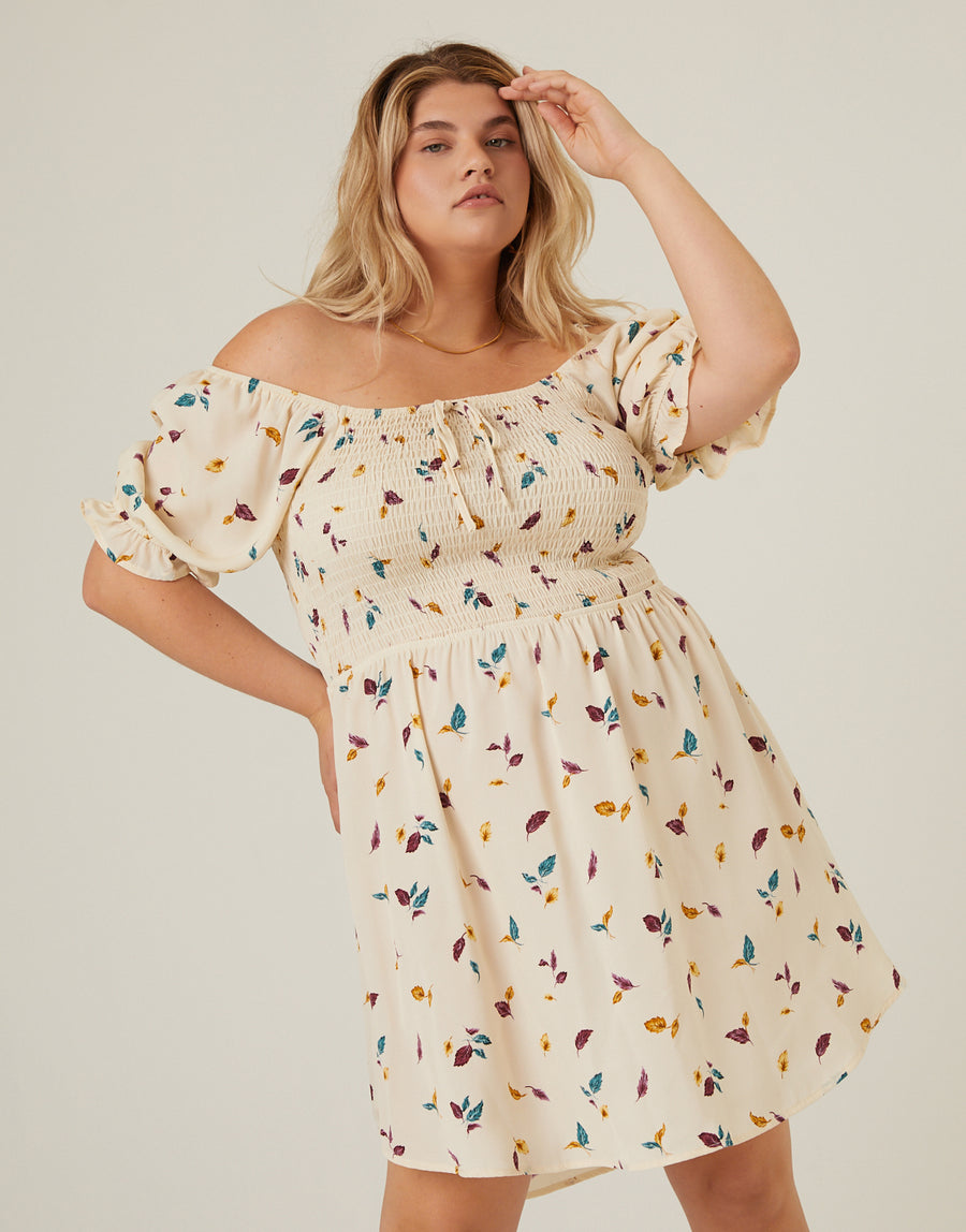 Plus Size Leaf Print Smocked Dress 2020AVE Plus Size Leaf Print Smocked Dress 2020AVE