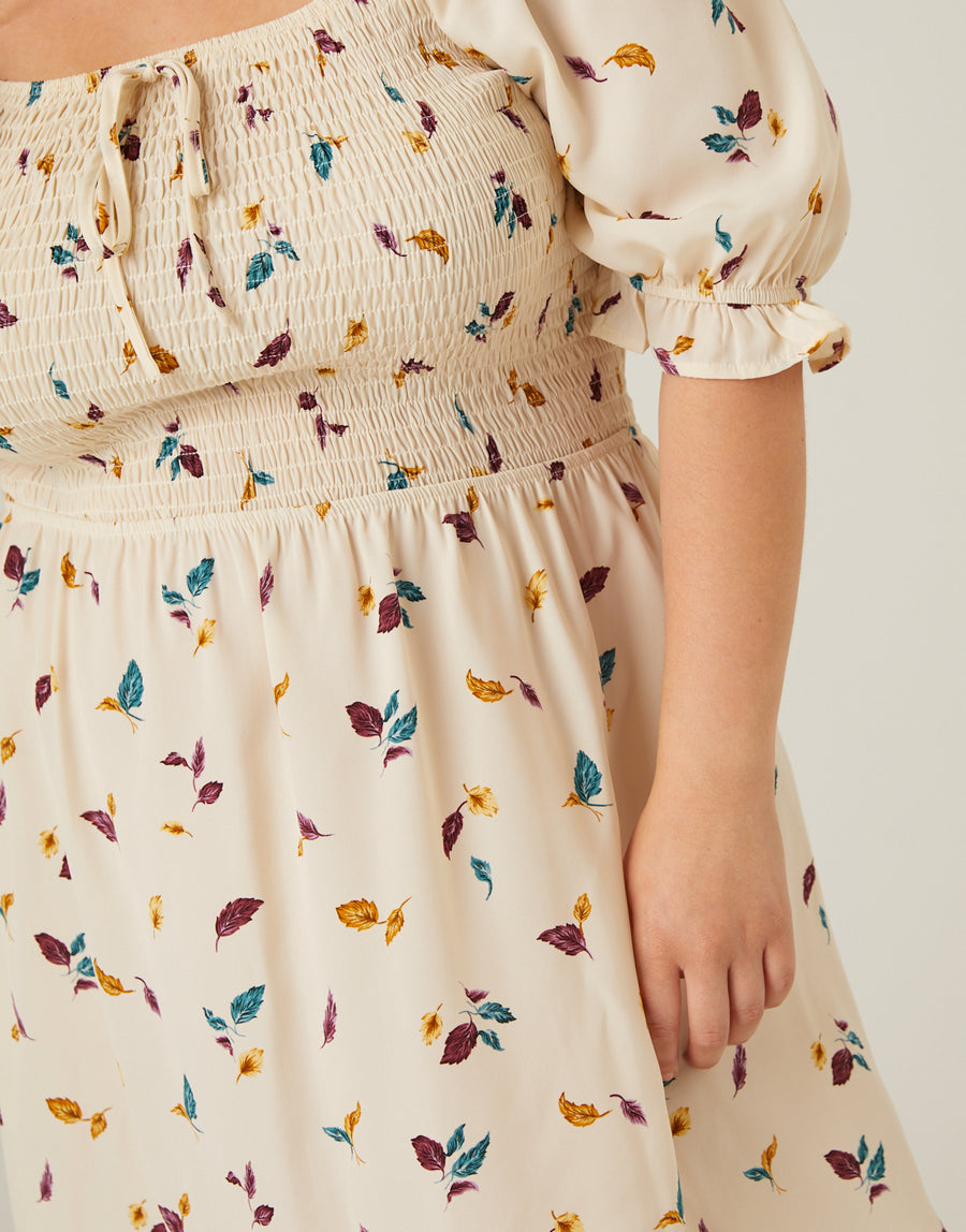 Curve Leaf Print Smocked Dress Plus Size Dresses -2020AVE