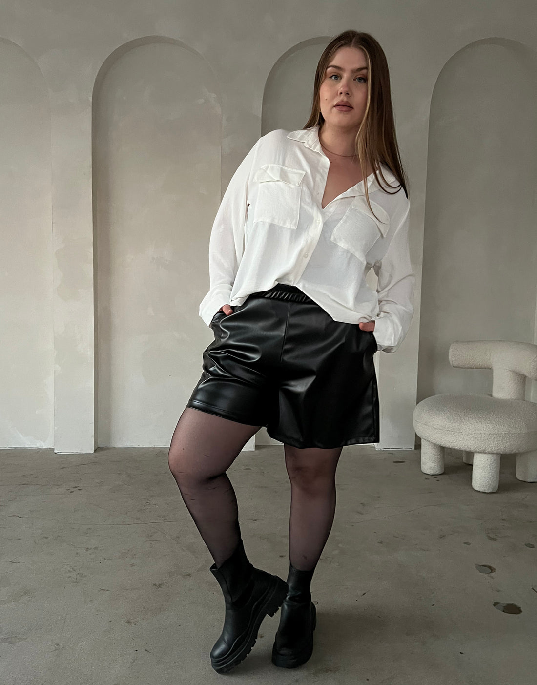 Curve Leather Elastic Waist Shorts Plus Size Bottoms -2020AVE