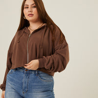 Curve Lightweight Zip Up Hoodie Plus Size Outerwear Brown 1XL -2020AVE