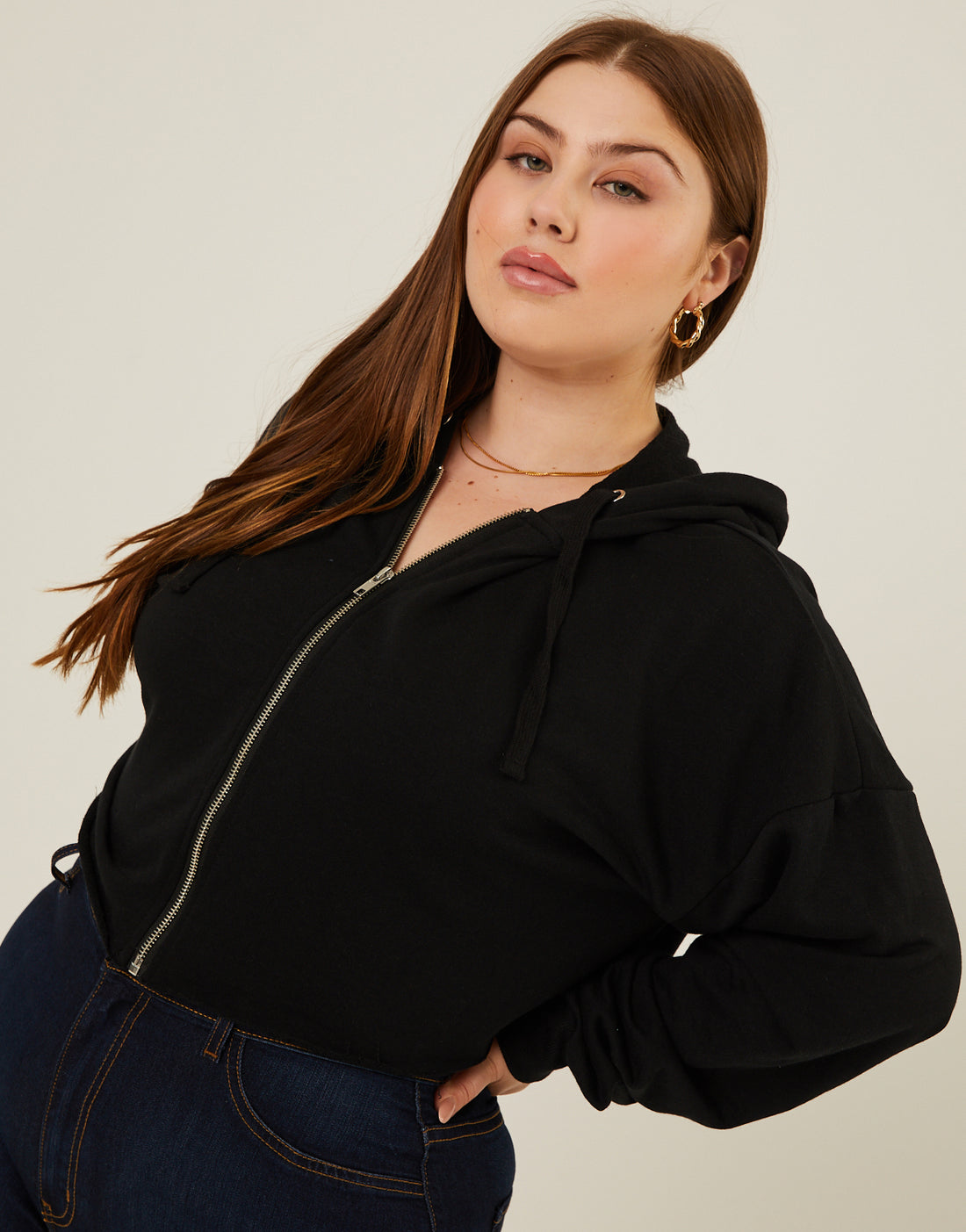 Curve Lightweight Zip Up Hoodie Plus Size Outerwear -2020AVE