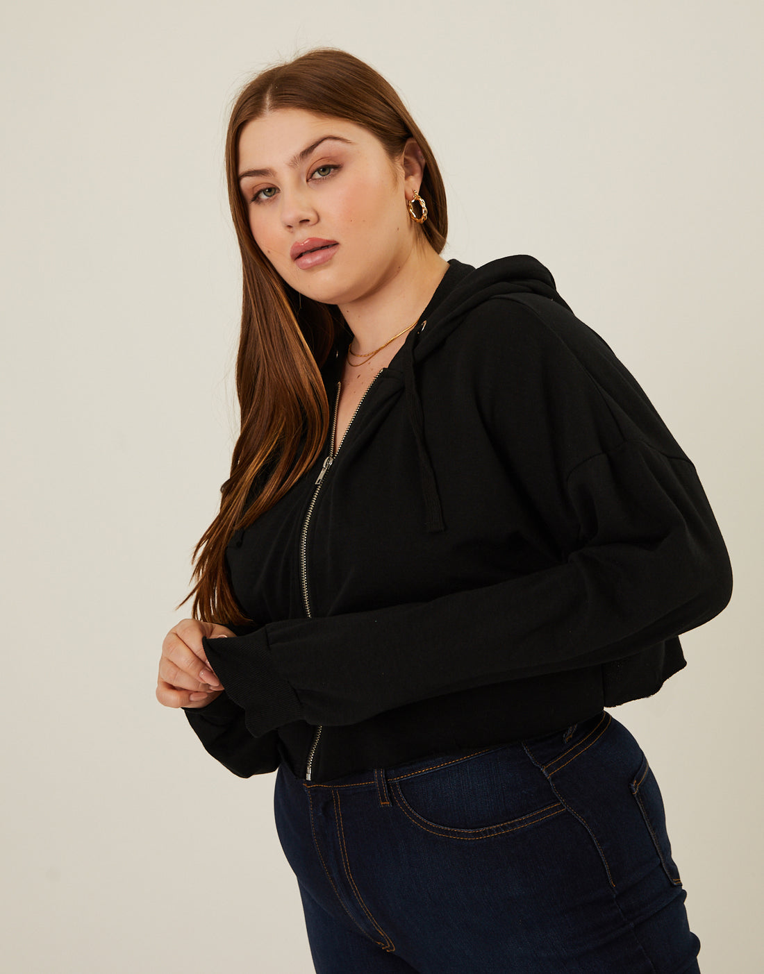 Curve Lightweight Zip Up Hoodie Plus Size Outerwear Black 1XL -2020AVE