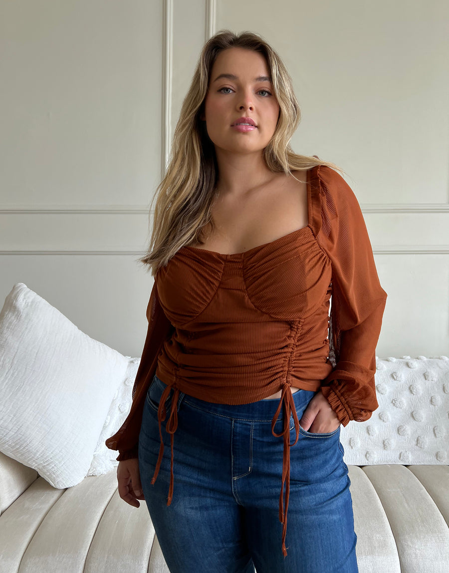 Curve Long Sleeve Double Ruched Top Plus Size Tops Rust 1XL -2020AVE