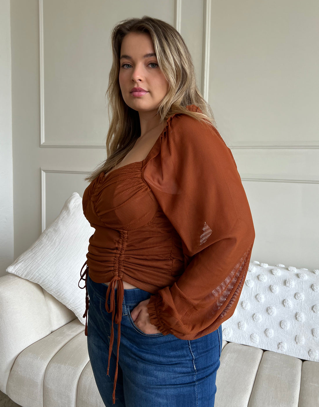 Curve Long Sleeve Double Ruched Top Plus Size Tops -2020AVE