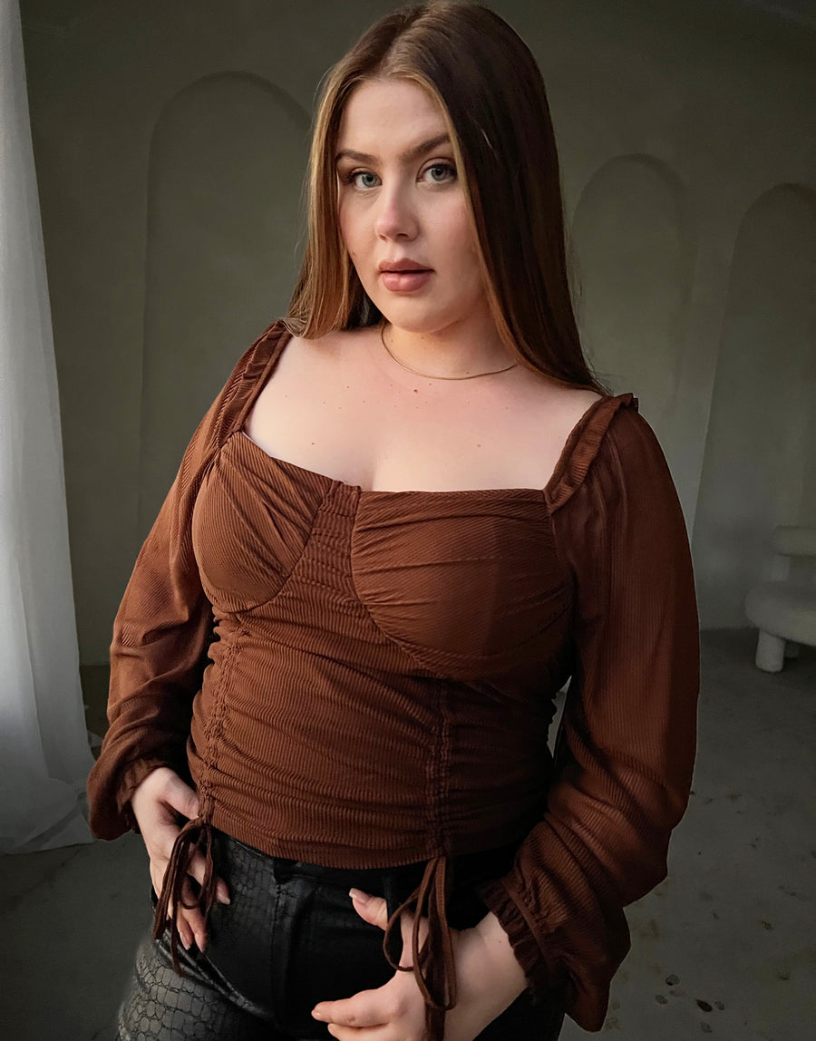 Curve Long Sleeve Double Ruched Top Plus Size Tops Brown 1XL -2020AVE