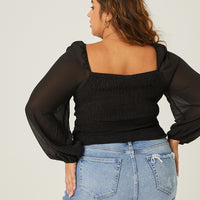 Curve Long Sleeve Mesh Ruched Top Plus Size Tops -2020AVE