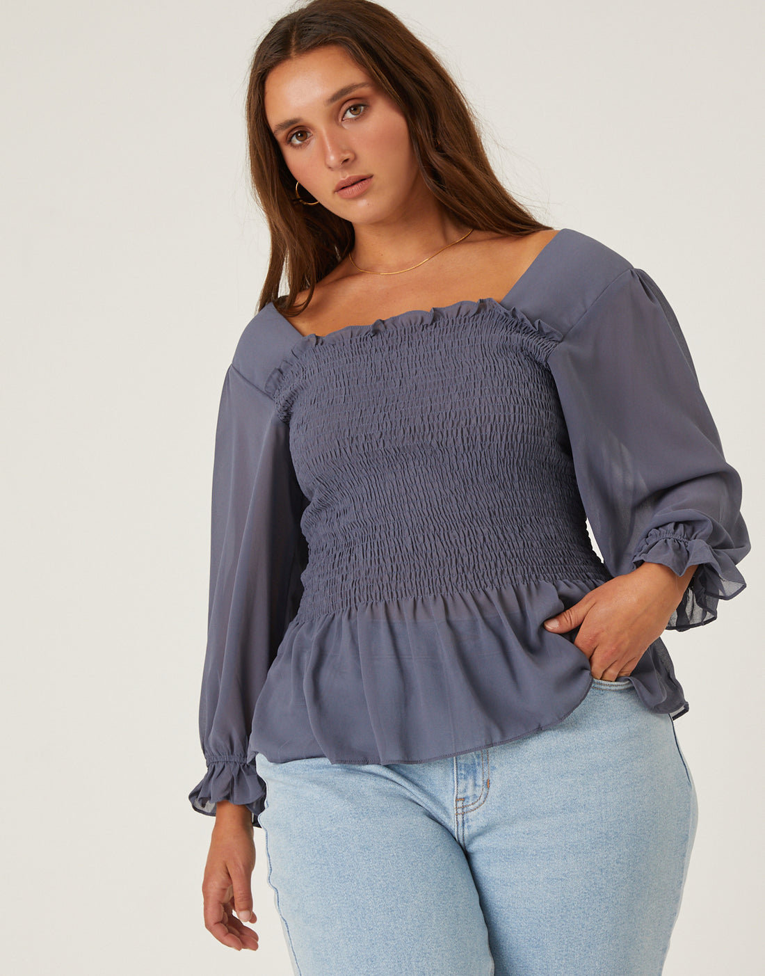 Curve Long Sleeve Smocked Top Plus Size Tops Blue 1XL -2020AVE