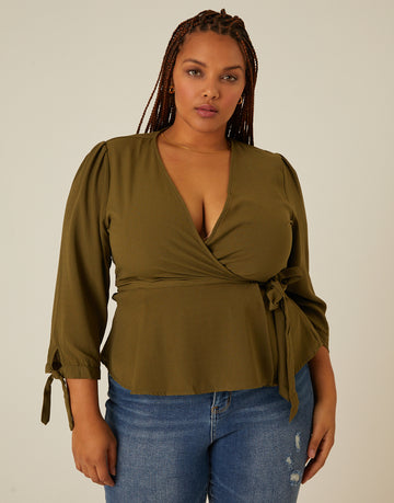Curve Long Sleeve Woven Wrap Top Plus Size Tops Olive 1XL -2020AVE