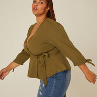 Curve Long Sleeve Woven Wrap Top Plus Size Tops -2020AVE
