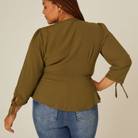 Curve Long Sleeve Woven Wrap Top Plus Size Tops -2020AVE