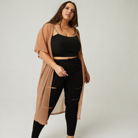 Curve Mesh Overlay Cardigan Plus Size Outerwear Taupe 1XL -2020AVE